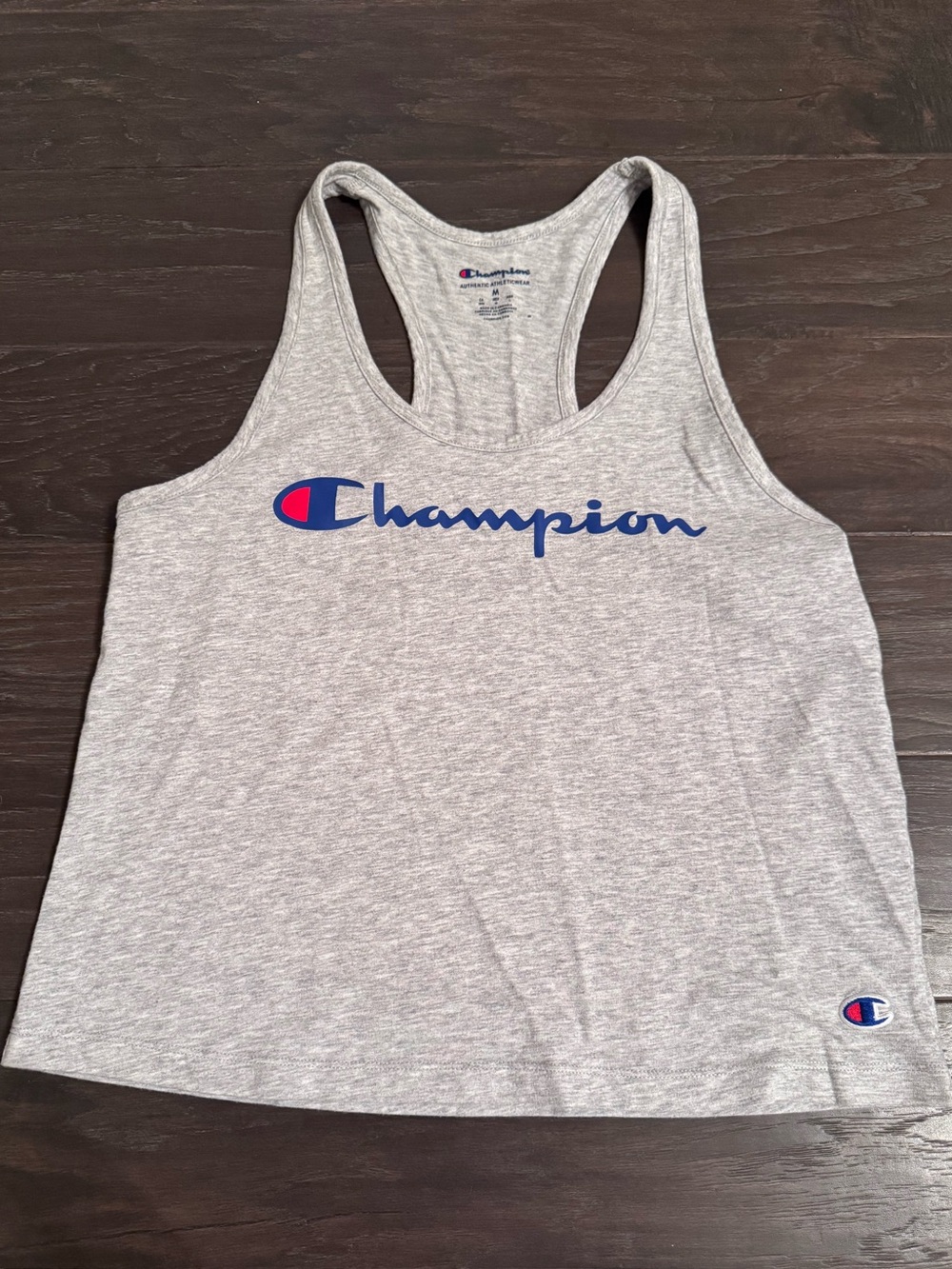 Champion Heather Gray Racerback Tank with Blue & Red Logo